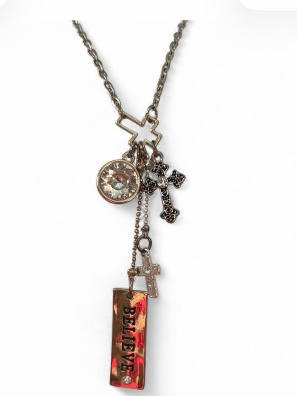 Believe Cross Charm Necklace - Silver Tone with Crystal Accent